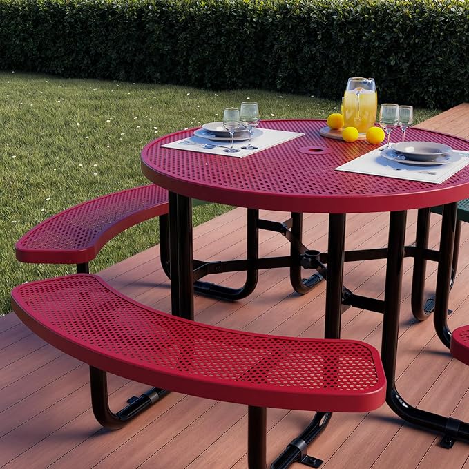 Metal Picnic Tables for Outdoors with Umbrella Hole - Coated Steel Heavy Duty Commercial Grade Furniture Set with Adjustable Seats (Red, 46 in, Round, Punched Steel)