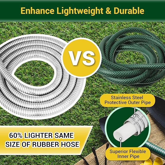 Garden Hose - Water Hose 50 FT with Swivel Handle, Flexible, Heavy Duty, No Kink, Lightweight Metal Hose for Outdoor, Yard, 304 Stainless Steel