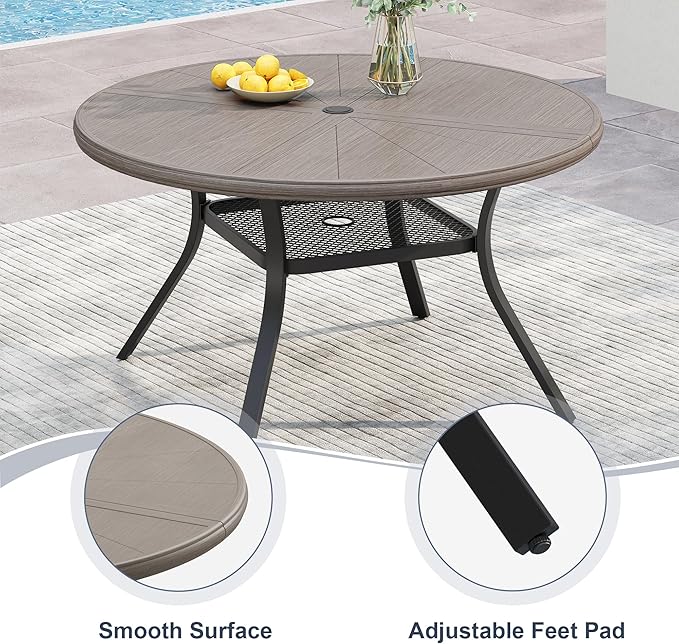 VICLLAX Round Patio Dining Table, 4 Person Aluminum Outdoor Dining Table with Umbrella Hole and Storage Shelf for Garden Lawn Deck, 40.6" Grey
