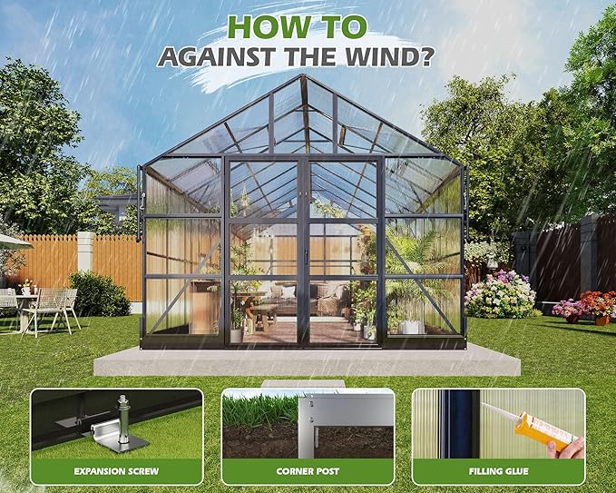 AMERLIFE 10'×14'×8.4' Outdoor Polycarbonate Greenhouse, Heavy-Duty Aluminum Frame Garden Greenhouse with 4 Roof Vents, Rain Gutters & Lockable Door, Fit for Backyard Garden, Black