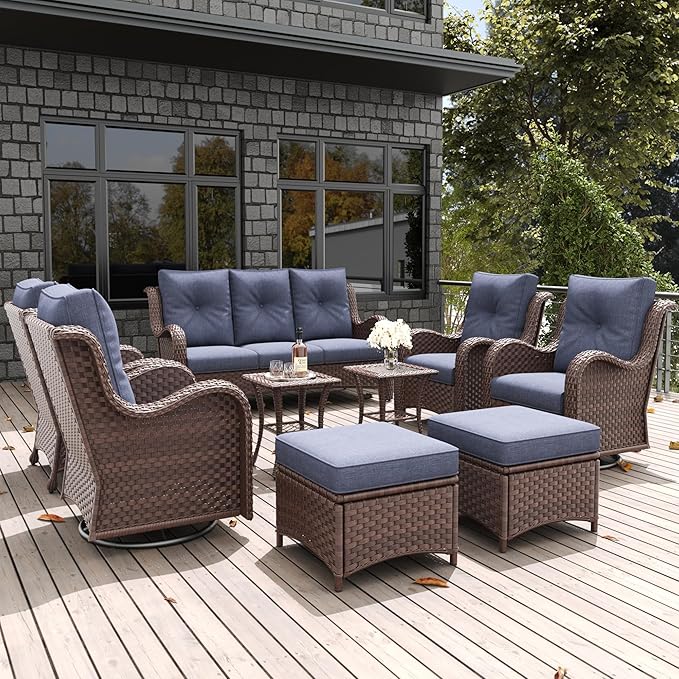 LayinSun 9 Pieces Outdoor Patio Furniture Set, Rattan Wicker Sectional Swivel Rocker Chairs Sets with Ottomans, Swivel Glider Chairs,Single Chairs and Coffee Table