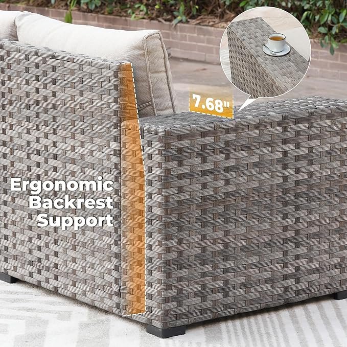 ovios 9 Pieces Patio Furniture Set, Outdoor Wicker Sectional Sofa with 42" Firepit Table Swivel Chair, Modern Modular Deep Seat Rattan Couch Conversation Sets, Beige