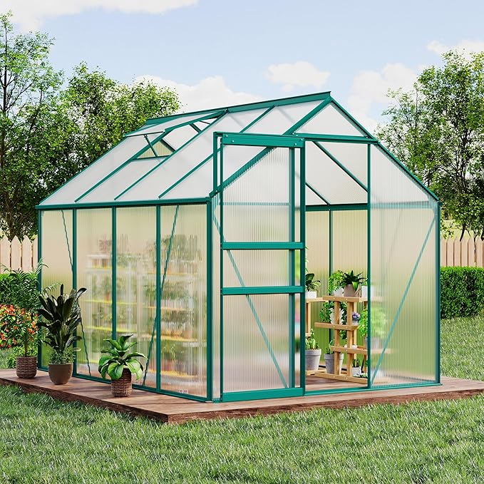 GarveeHome 6 x 8 FT Polycarbonate Greenhouse, Winter Greenhouses for Outdoors with Aluminum Frame, Sliding Door, Adjustable Roof Vent, Backyard Green Houses, Patio Garden, Green
