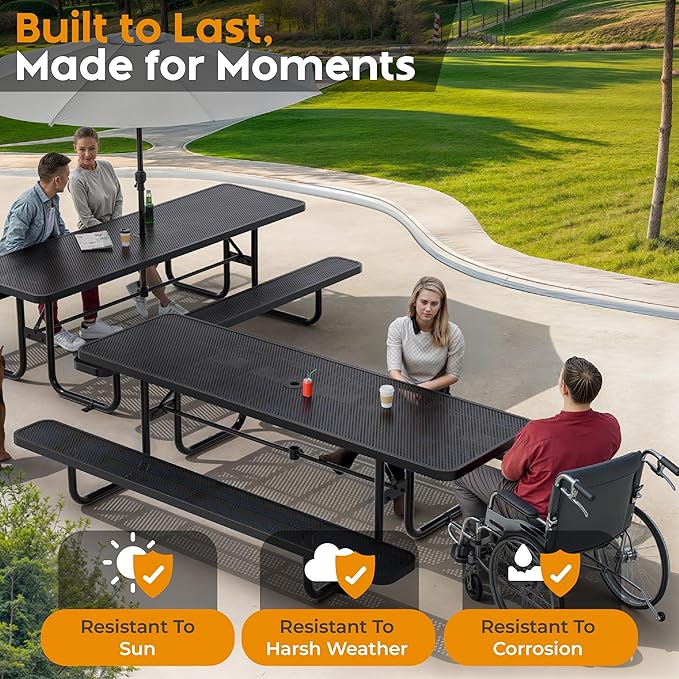 Commercial Heavy-Duty Metal Picnic Table - ADA Compliant, Adjustable Seats, Umbrella Hole (Black, 8' Rectangular, Punched Steel)
