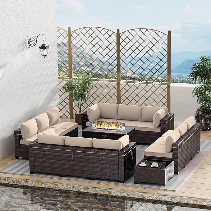 Outdoor Terrace Furniture Set With 43-Inch Aluminum 55001 BTU Propane Fire Pit, 15 Piece PE Willow Vine Dialogue - Brown