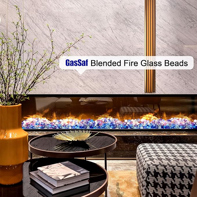 GasSaf Blended Fire Glass Beads for Outdoor Fire Pit, Fireplace, Replaces Existing Gas Logs & Lava Rocks, 3/4 Inch Glass(20 Pound)(Cobalt Blue, Caribbean Blue, Crystal Clear Luster)