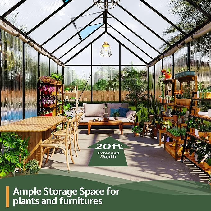Jocisland 6x20Ft Polycarbonate Greenhouses for Outdoors, 2 Top-Opening Windows, Swing Doors, Aluminum Walk-in Heavy Duty for Outdoor Use, Backyard Garden, Black