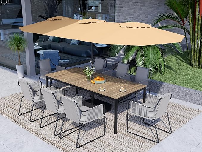Bigroof 15ft x 9ft Patio Double-Sided Umbrella with Base & Crank, Extra Large Rectangular Outdoor Umbrella for Patio, Lawn & Garden, Beige