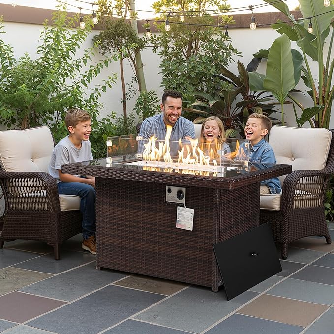 NICESOUL Wicker Outdoor Fire Pit Table Natural Gas/Propane, 43'' Rectangular Firepit Table for Outside, 60000 BTU Patio Fireplace Tables with Windguard&Glass Rocks&Cover, Modern CSA Firepits, Brown