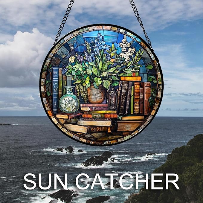 QZQCBLC Stained Glass Window Hanging Teal Flower Vintage Books 9.8" - Blue Suncatcher Door Garden Sun Catcher Home Decor Birthday Christmas for Mom Men Woman Nana Friend