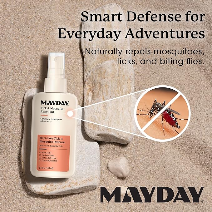 MAYDAY Tick & Mosquito Repellent – Deet-Free with Essential Oils – Geranium, Lemongrass & Rosemary – 3.4 oz (100 ml) – Mosquito and Tick Repellent