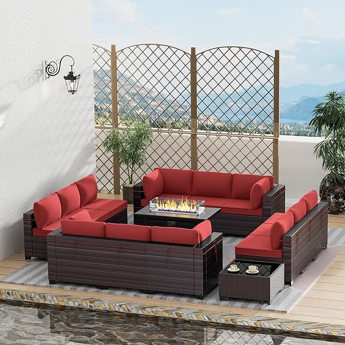 Outdoor Terrace Furniture Set, 15 Piece Outdoor Furniture Set, with 43 inch Aluminum 55002 BTU Propane fire Pit, PE Willow Vine Terrace Dialogue Set - Red.