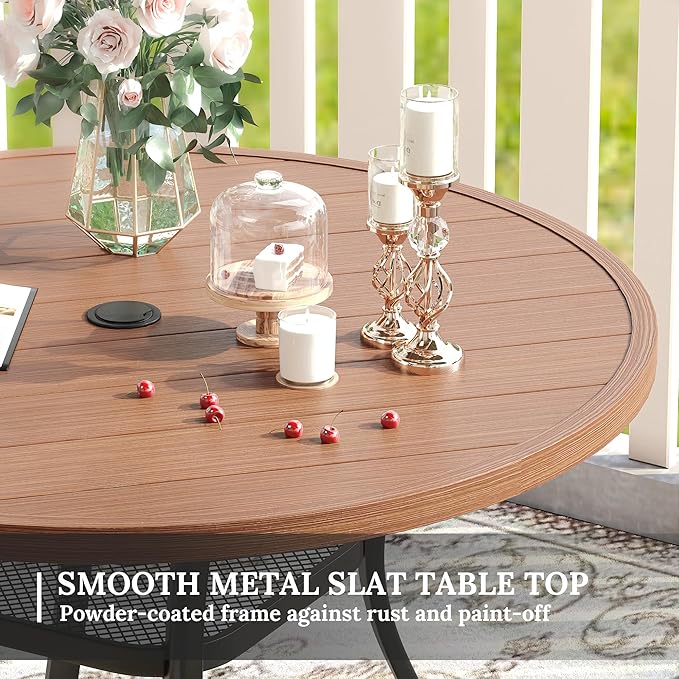 VICLLAX Round Patio Table with Adjustable Umbrella Hole, All Weather Outdoor Round Dining Table for Lawn Garden, 41.2"x 28" Walnut Wood-Like Outdoor Coffee Table