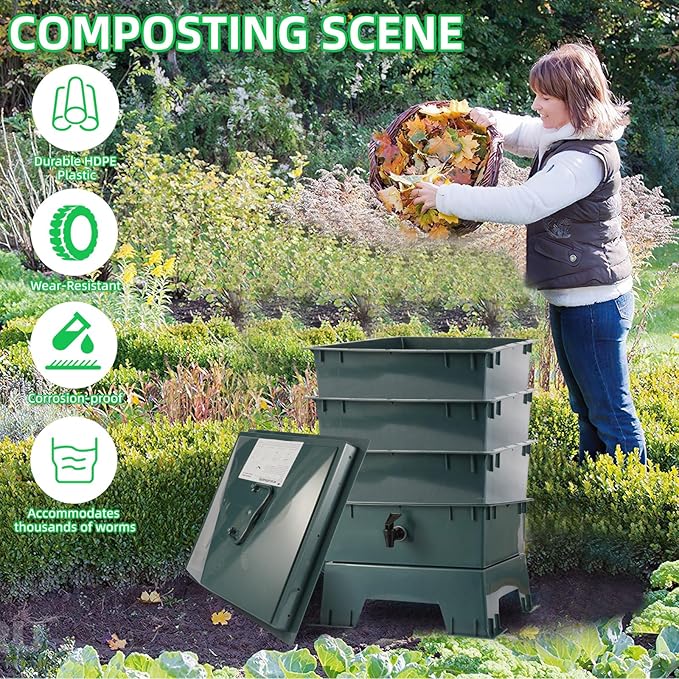 4-Tray Worm Compost Bin, Worm Composter for Outdoor & Indoor, ecocultivatify Wormie's Home, Worm Bin Set for Recycling Household Waste (Dark Green)