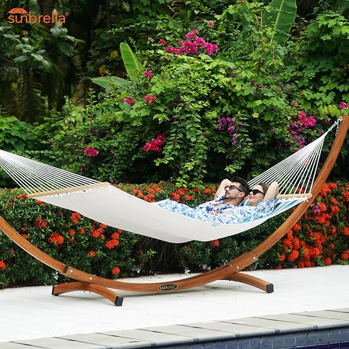 Lazy Daze Hammocks 12 FT Sunbrella Quilted Double Hammock with Hardwood Spreader Bar, 450 lbs Capacity, Blue, Hammock, 2 Person, Patio, Outdoor, All Weather