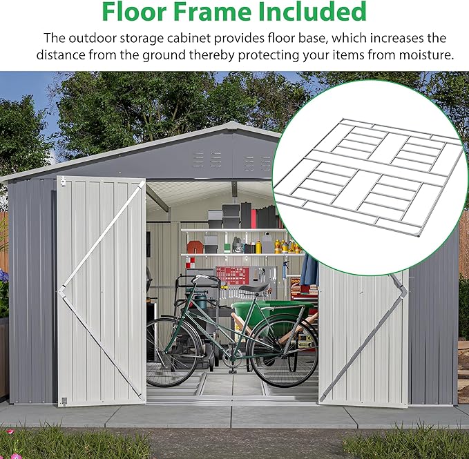 Outdoor Storage Shed, 11 X 13 FT Large Metal Utility Tool Sheds with Floor Frame, Steel Garden Shed for Backyard Garden Patio Lawn