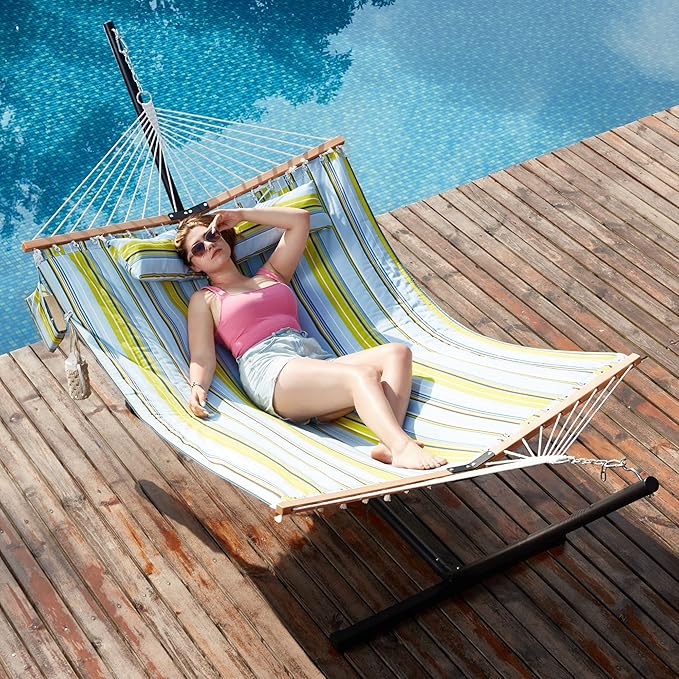 Homgava Two Person Hammock with Stand for Outside Heavy Duty, Outdoor Patio Hammock with Portable Steel Stand, Large Double Hammocks,480lbs Capacity.(Light Blue Stripes)