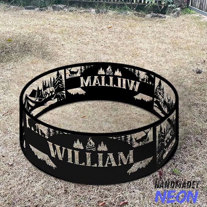 Personalized Bear Fire Pit Ring Wildlife Forest Stainless Steel Custom Name 360 Degree Campfire Ring Stove Outdoor BBQs Backyard Camping Garden Decor Gifts Father Nature Lover