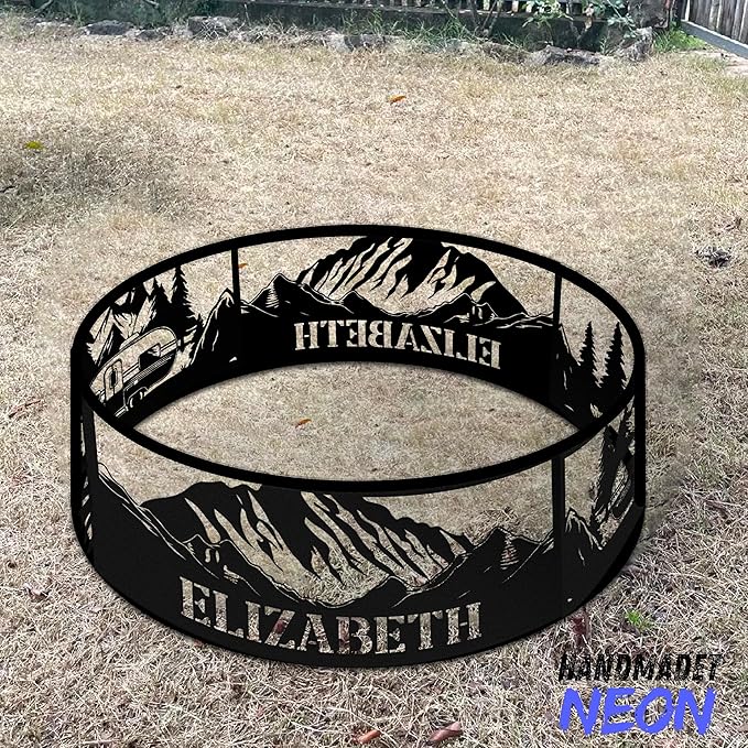 Personalized Fire Pit Ring Mountain Camper Weather Proof Custom Name 360 Degree Campfire Ring Stove Outdoor BBQs Backyard Camping Garden Decor Gifts Father Hiker Nature Lover
