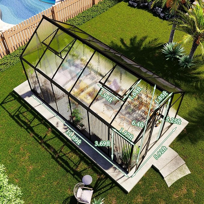AMERLIFE 6x12 Ft Polycarbonate Greenhouse for Outdoors, Walk-in Design with Aluminum Frame, 2 Windows and Swing Door, Heavy-Duty Greenhouse Construction for Garden, Black