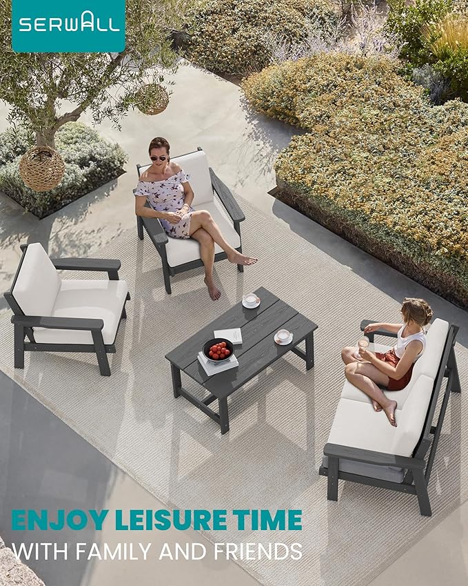 SERWALL HDPE Outdoor Furniture Set 4, All Weather Wood-Like Outdoor Sofa Sectional Couch, Grey Patio Furniture Set with Khaki Cushions