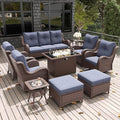 LayinSun 10Pcs Patio Furniture Set with Fire Pit Table, Rattan Wicker Swivel Rocker Chairs, Glider, Single Chairs, Ottomans & Coffee Table (Brown/Navy), Modern Style
