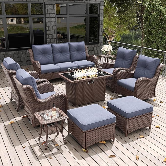 LayinSun 10Pcs Patio Furniture Set with Fire Pit Table, Rattan Wicker Swivel Rocker Chairs, Glider, Single Chairs, Ottomans & Coffee Table (Brown/Navy), Modern Style