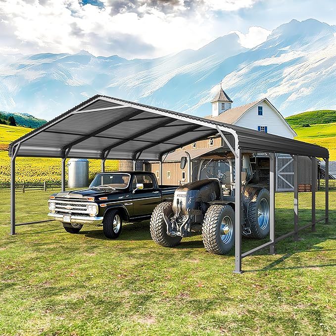 Wisteria Lane 20'x20' Metal Carport with Updated Roof & Enhanced Base, Heavy Duty Canopy Carport Garage, Vertaile for Car, Truck, Boat, Tractors, Party, Dark Gray