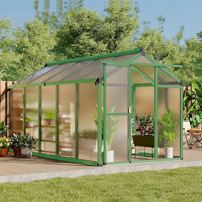 6 X 10 Greenhouse, Greenhouses for Outside, Polycarbonate Greenhouse with Aluminum Frame, Lockable Door and Ajustable Roof Vent for Backyard, Green Houses for Outside Garden Backyard, Patio