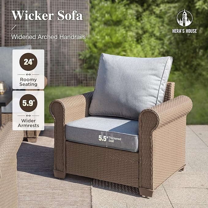 HERA'S HOUSE 6-Piece Patio Furniture Set, All Weather 7 Seats Outdoor Wicker Sofa with 57" Fire Pit Table, 5.5" Thick Waterproof Cushion Conversation Couch Set for Garden Deck Backyard, Grey