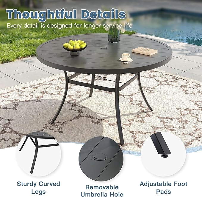 DIFY 50" Round Outdoor Patio Dining Table for 6, Metal Patio Table with 1.57" Adjustable Umbrella Hole, All-Weather Dining Furniture Table for Backyard Lawn Garden, Black