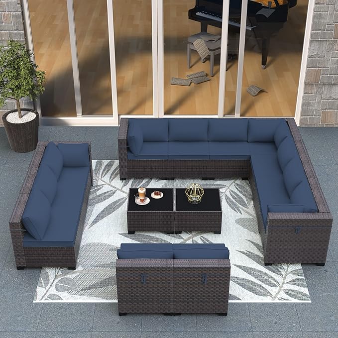 Outdoor Patio Furniture Set, 14 Pieces Outdoor Sectional Furniture Patio Sofa, All-Weather PE Rattan Patio Conversation Set with Tempered Glass Top Table & Cushions(Dark Blue).