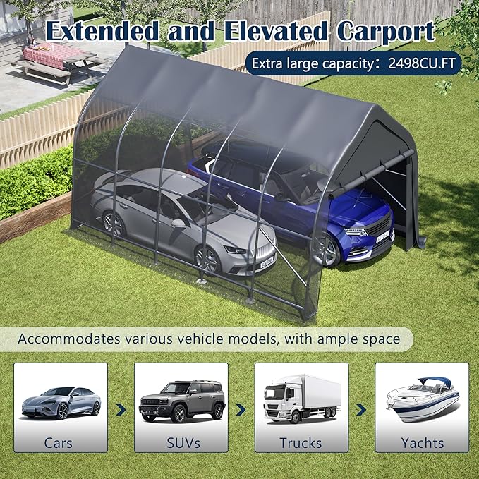 Anti-Snow 13x20 FT Carport,Grade Heavy Duty Portable Garage Canopy with Steel Frame & Vented Roof,Waterproof Outdoor Storage Shed W/Removable Double-Zipper Doors,for Vehicle, Boat,RV,Grey