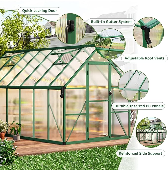 8x14 FT Outdoor Greenhouse, Polycarbonate Greenhouse with Roof Vent and Ground Nails, Aluminum Large Walk-in Green House w/Lockable Push Door for Outside Garden Backyard (Green, 8x14 FT)