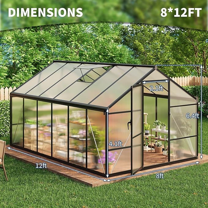 8 x 12 ft Greenhouse, Greenhouses for Outside, Polycarbonate Greenhouse with Aluminum Frame, Lockable Door and Ajustable Roof Vent for Backyard, Green Houses for Outside Garden Backyard, Patio