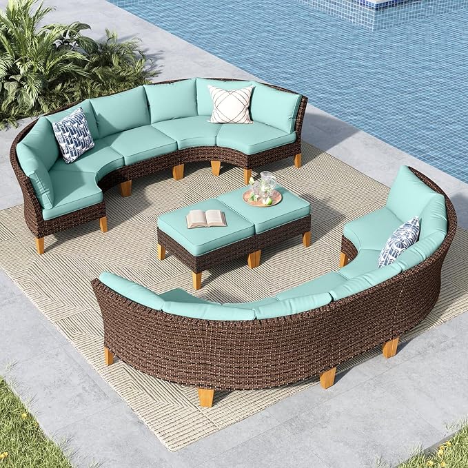 MFSTUDIO 12 Pieces Extra Large Wicker Patio Furniture Set, Rattan Outdoor Half-Moon Sectional Sofa Curved Patio Conversation Set, 8 x Curved Sofa, 2 x Armless Couch, 2 x Ottoman(Aqua Blue Cushion)