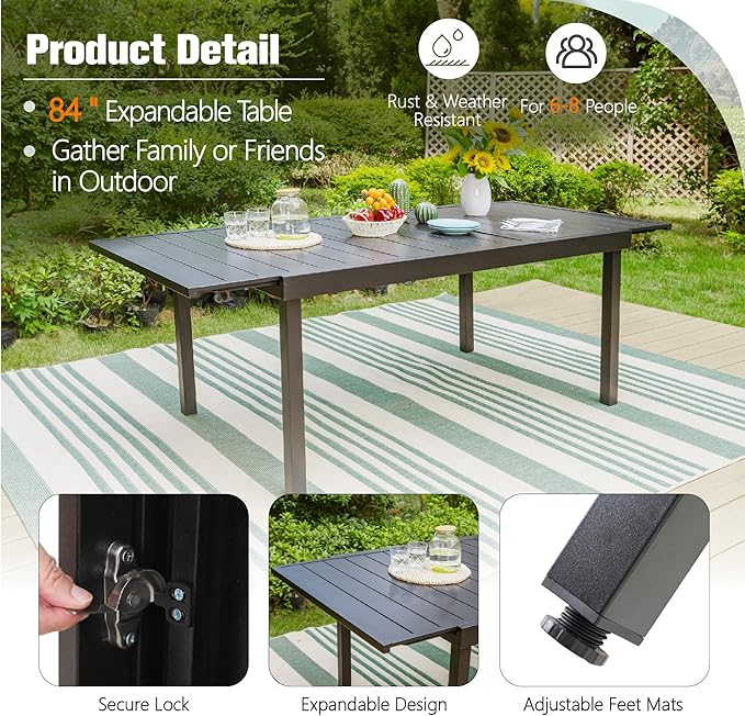Sophia & William Black Expandable Patio Dining Tables Metal Outdoor Table for 6-8 Person Lawn Garden Bistro Rectangular Table