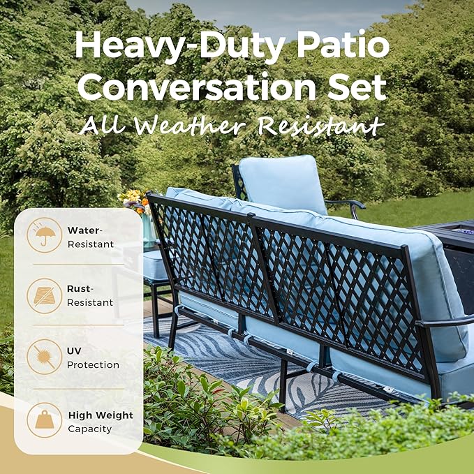 Patio Furniture Set, 6 Pcs Metal Outdoor Conversation Set, 2 Swivel Chairs, 2 Ottomans and 3 Seater Sofa with 5.75" Extra Thick Cushion and Gas Fire Pit Table, Blue