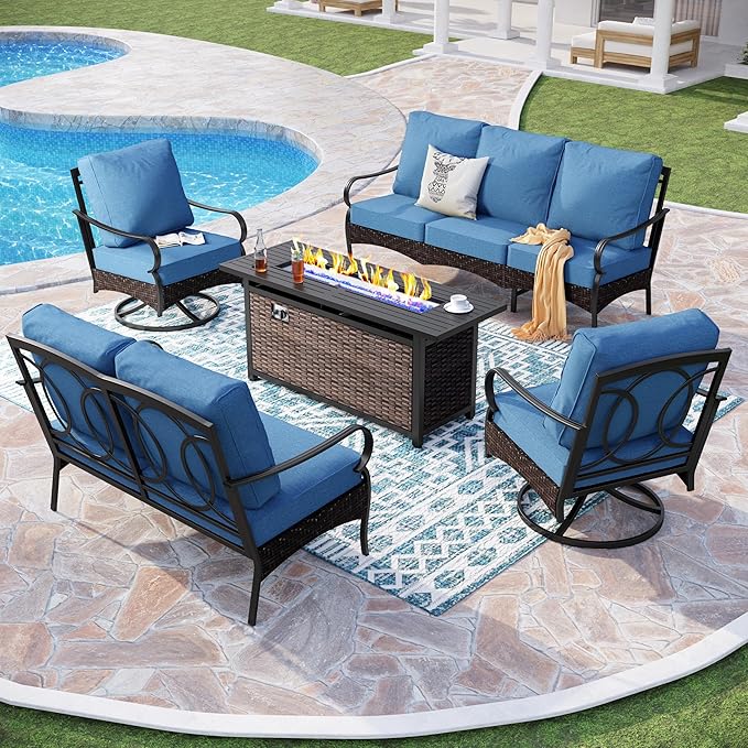 PHI VILLA Patio Furniture Set with 56" Fire Pit Table, Premium Outdoor Wicker Metal Frame Furniture with Upgraded Waterproof Thick Cushions for Porch, Poolside, Deck, and Yard