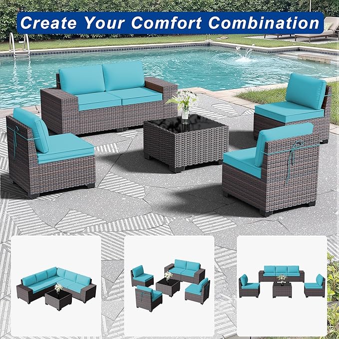 Outdoor Patio Furniture Set, 6 Pieces Outdoor Sectional Furniture High Backrest Patio Sofa, All-Weather PE Rattan Patio Conversation Set with Coffee Table & Cushions(Teal).