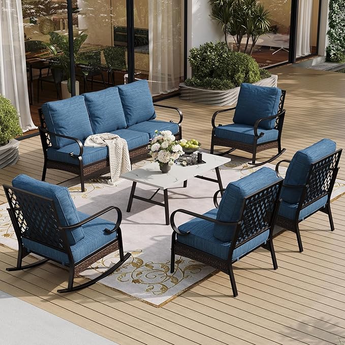 SUNSHINE VALLEY 6 Piece Metal Outdoor Patio Furniture Set, Patio Conversation Set 3-Seater Sofa, 2 Fixed Sofa, 2 Rocking Chair with 5.75" Thick Cushion & Coffee Table Black Backyard Furniture, Blue-2
