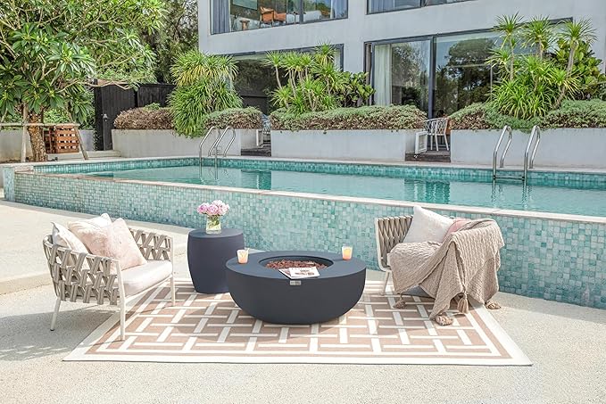 AMS Creations | Eclipse 44" Round Cast Concrete Propane Gas Fire Pit Bowl Table | Dark Gray | Smooth Texture Surface | Electronic Ignition | Outdoor Patio Heater Outside Backyard Fireplace