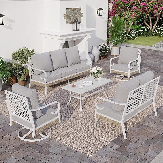SUNSHINE VALLEY 6 Piece Metal Outdoor Patio Furniture Set, Patio Conversations Set 3-Seater Couch, 2-Seater Sofa, 2 Swivel Sofa with 5.75" Thick Cushion and Coffee Table White Backyard Furniture, Gray