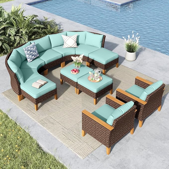 MFSTUDIO 10 Pieces Wicker Patio Furniture Set, Half-Moon Curved Rattan Patio Conversation Outdoor Sectional Sofa Set, 4 x Curved Sofa, 1 x Armless Couch, 4 x Ottoman, 2 x Single Chair(Aqua Blue)