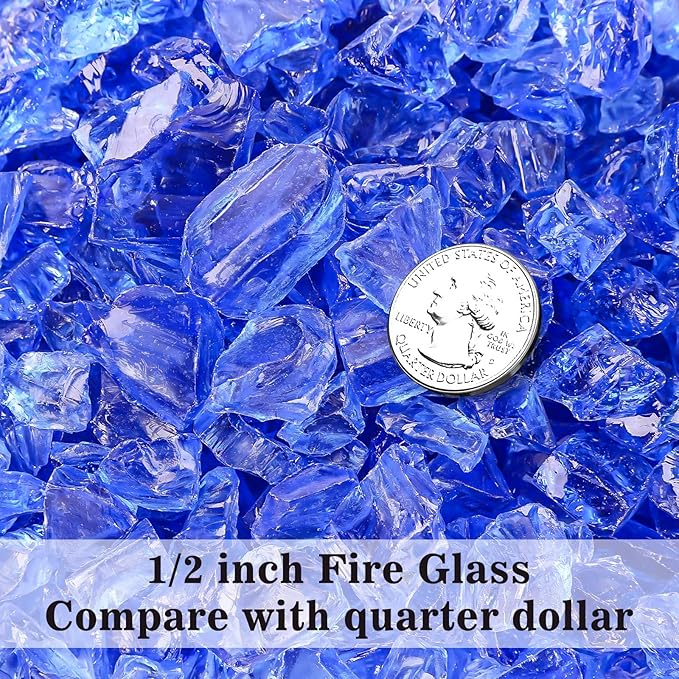 GRISUN Blue Fire Glass for Fire Pit - 1/2 Inch 10 Pounds Tempered Glass Rocks for Natural or Propane Fireplace, Safe for Outdoors and Indoors Firepit Glass