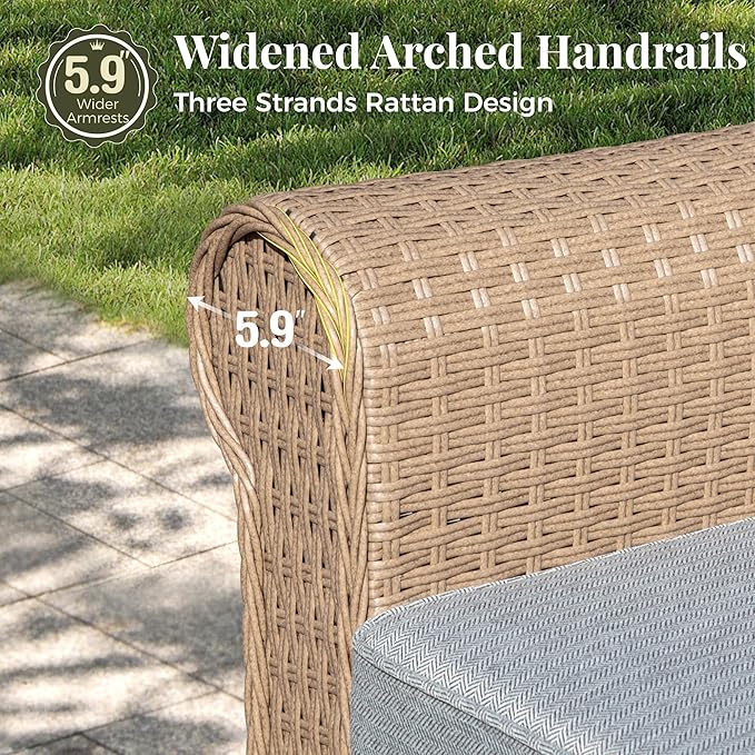 Patio Furniture Set 6 pcs, Wicker Outdoor Patio Furniture, 3-Seat Sofa, 4 Single Chairs and 56" Gas Fire Pit Table, Rattan Patio Conversation Set for Backyard Deck, Grey