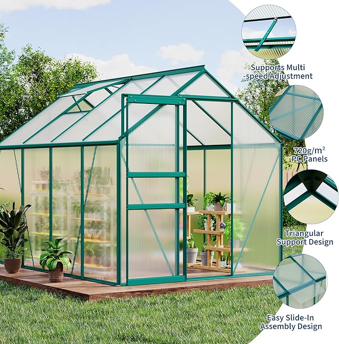 Garvee 6 x 8 FT Outdoor Greenhouse, Polycarbonate Greenhouses with Aluminum Frame, Sliding Door, Adjustable Roof Vent for Backyard, Green Houses for Outside Garden Backyard, Patio, Green
