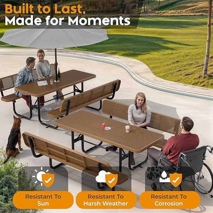 Commercial Heavy-Duty Metal Picnic Table with Backrest - ADA Compliant, Adjustable Seats, Umbrella Hole, Expanded Metal (Brown, 6' Rectangular with Back)