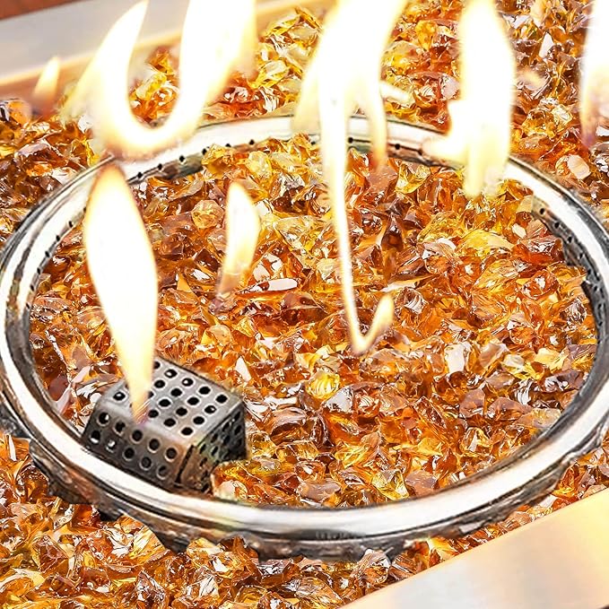 GRISUN Golden Amber Fire Glass for Fire Pit - 1/2 Inch 20 Pounds Tempered Glass Rocks for Natural or Propane Fireplace, Safe for Outdoors and Indoors Firepit Glass