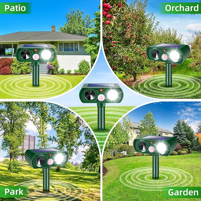 2026 New Solar Ultrasonic Animal Repellent Outdoor Motion Activated Deer Repellent Cat Deterrent with Flash Light to Keep Rodent Dog Skunk Rabbit Raccoon Squirrel Out of Yard Garden Lawn,4Pack